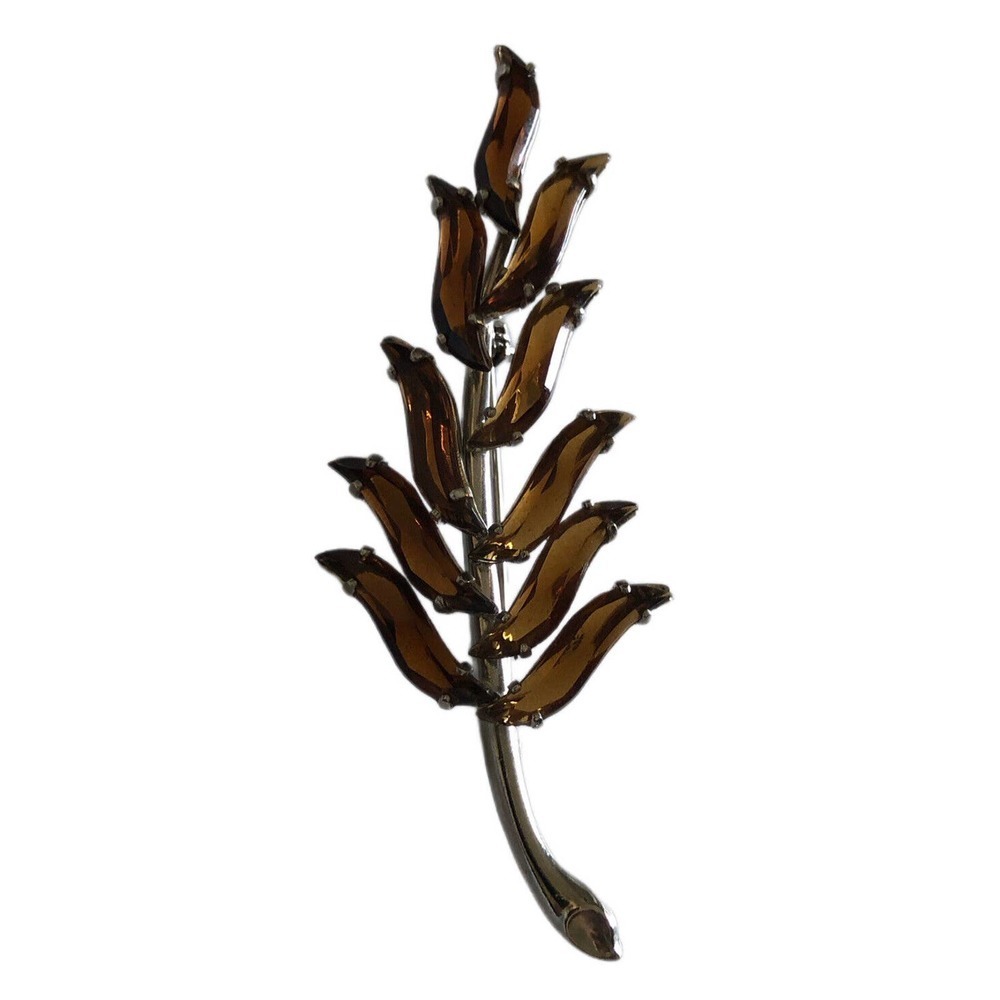 VTG Austria Root Beer Curved Leaf Glass Open Back Brooch Pin Silver Tone